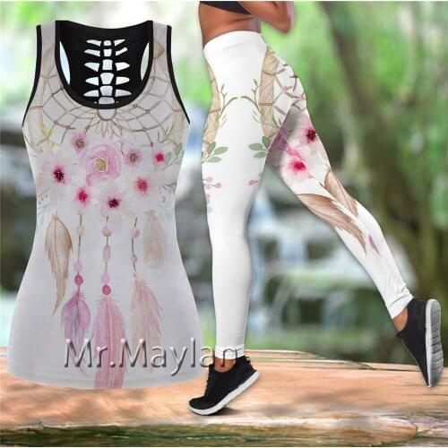 Hipster Hollow tanktop & Leggings For Women 3D Full Printing Pink Flower Fashion Sexy White Vest Female Casual Clothes Drop ship