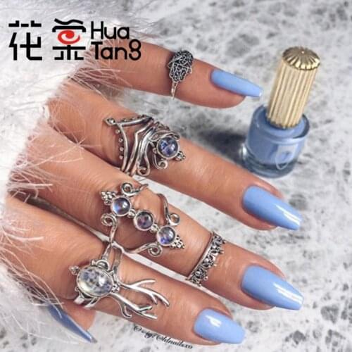 HuaTang 5pcs/sets Vintage Silver Color Rings Sets for Women Blue Crystal Stone Animal Hollow Hand Heart Jewelry 9537