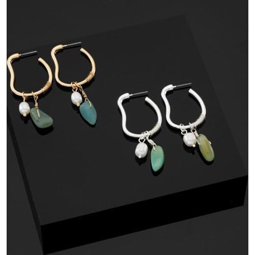 Jaeeyin 2021 New Arrivals Natural Stone Fresh Water Removable C Shape Hoop Bohemia Geometric Earrings Minimalist Gifts For Lady