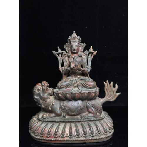 9"Chinese temple collection Old Bronze Cinnabar Lacquer Tara Bodhisattva Riding a lion statue Sitting Buddha Ornaments