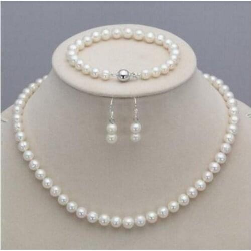 Fashion jewelry Free Shipping Real Natural White 8-9mm Freshwater Pearl Necklace 17" Bracelet 8" Earring Set