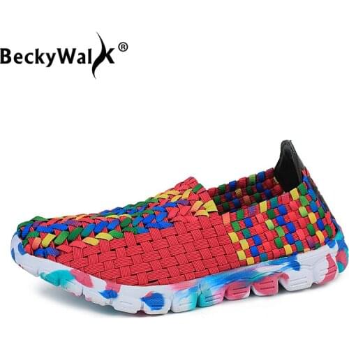 BeckyWalk Spring Breathable Women Casual Shoes Slip On Women Flats Multi Colors Soles Loafers Shoes Woman Woven Sneakers WSH2920