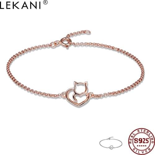 LEKANI 100% 925 Sterling Silver Cat And Heart Link Chain Bracelets For Women Authentic Wedding Female Jewelry Gift New Arrival