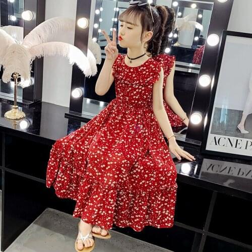 Girls Summer Dress Fashion Floral Print Beach Dress For Girls Sleeveless O Neck Chiffon Dress Kids Girls Clothes 4 6 8 10 12 Y