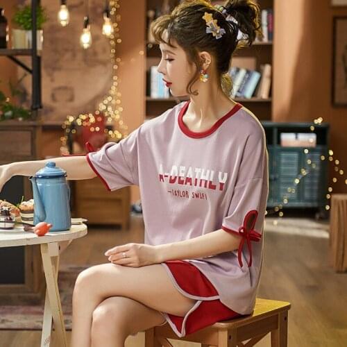 Summer Pajama Womens Short Sleeve Cotton Thin Fashion Lovely Loose Homewear Set