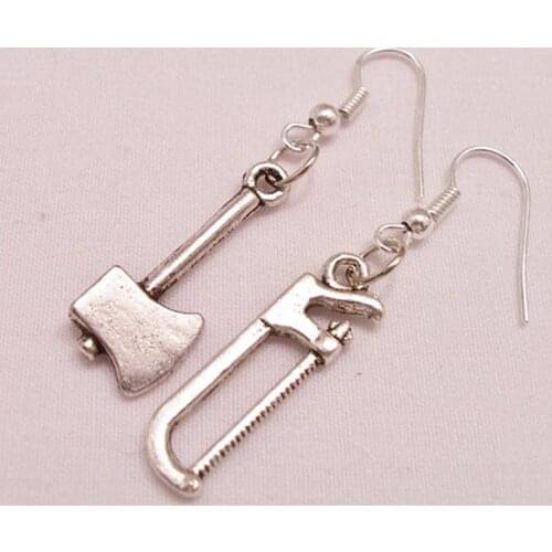 Metal Axe and Saw Tool Charm Earrings Tool Jewelry Miniature Tool Earrings Axe and Saw Earrings Mismatch Earrings