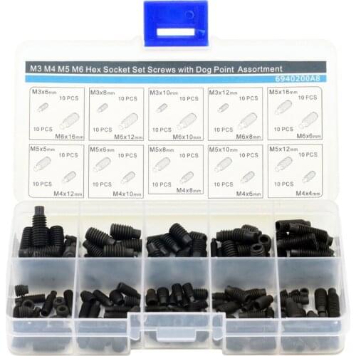 M3 M4 M5 M6 Hex Socket Set Screws with Dog Piont Assortment Kit,Alloy Steel,200 pieces,Black