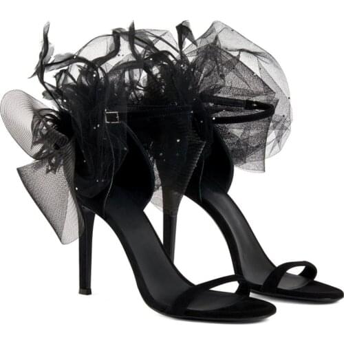 2021 summer new bow flower banquet dress stiletto heels female black all-match word buckle large size all-match prom sandals