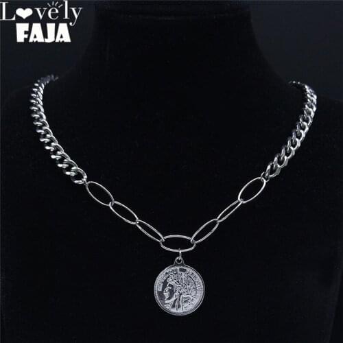 2021 Coin Stainless Steel Choker Necklace for Women Silver Color Chain Necklaces Jewelry collier acier inoxydable NK216S03