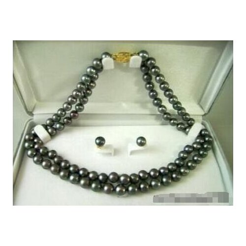 Hot sale new Style 2 Rows Real Black Pearl 18KGP Clasp Necklace Earrings
