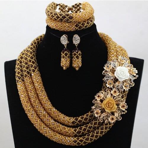Luxury Champagne Gold Nigerian Wedding Bride African Beads Jewelry Set Dubai Indian Bridal Jewelry Set Queen Free shipping HX601