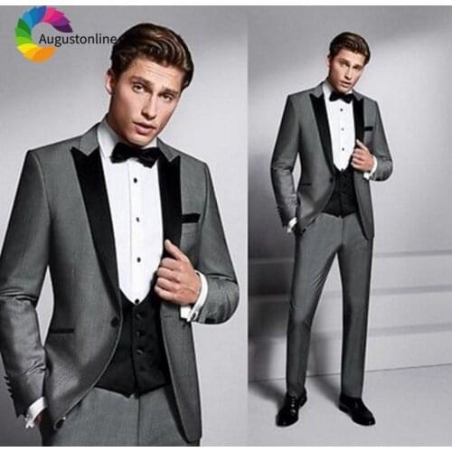 Grey Men Suits For Wedding Black Peaked Lapel Evening Party Custom Tuxedo Slim Fit Best Man Groom Prom Blazer Jacket+Pants+Vest
