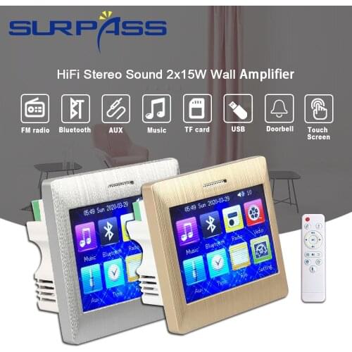 Smart Home Audio Bluetooth In Wall Amplifier Fm Radio HiFi Stereo Sound Touch Screen 2x15W Mini Home Theater System Class D Amp