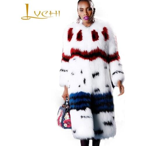 LVCHI Winter 2019 Nine Quarter Real Fox Fur Coats O-Neck Slim Natural Fox Fur Coat Womens Contrast Color Print Medium Fox Coats