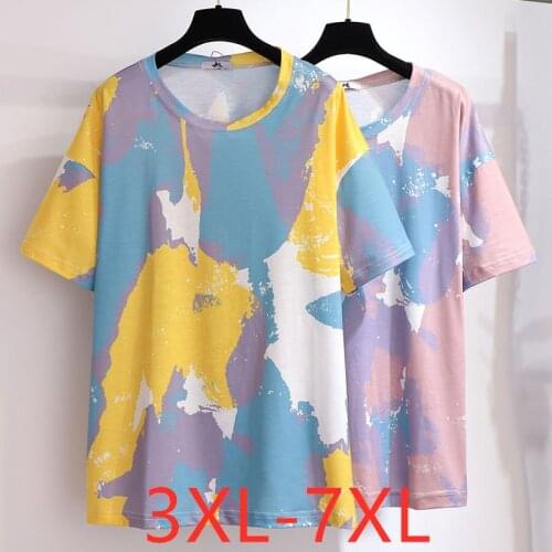 New 2021 summer plus size tops for women large loose short sleeve print colorful O neck T-shirt blue pink 3XL 4XL 5XL 6XL 7XL