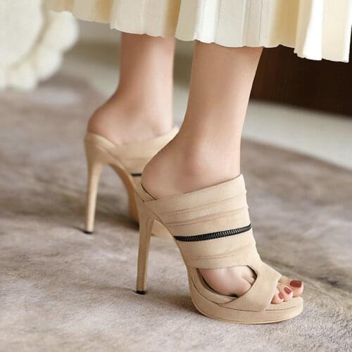 Sianie Tianie Flock Peep Toe Platform Red Beige Womens Shoes Super Thin High Heels Woman Slides Sandals Big Size 48 49 50 51 52