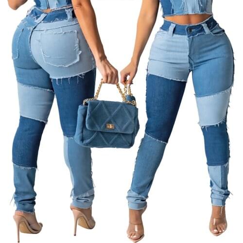 Women Jeans Patchwork Mid Wais Zipper Stretchy Bodycon Pencil Denim Pants Fashion High Streetwear Summer Trousers 2021