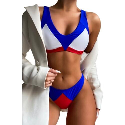 2 Pcs Women Sexy Bathing Suits Adults Color Block Wire-free Padded V-neck Bikini Tops + Thong Sets Female Summer Swimwear