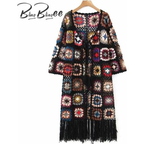 BlingBlingee Za 2021 Autumn Woman Traf Jacket Drop Shoulder Flowers Crochet Tassels Hem Mid-Length Casual Beach Knit Cardigan