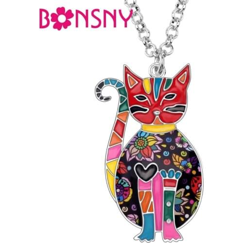 Bonsny Enamel Alloy Floral Kitten Cat Choker Necklace Chain Pendant Novelty Jewelry For Women Girl Ladies Accessories Teens Gift