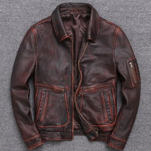 Man Head Layer Cowhide Genuine Clothing Self-cultivation Do Used Leather Jacket Lapel Short Fund Locomotive
