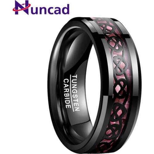 NUNCAD Plating Black Tungsten Steel Ring Wedding bands black Heart Pattern Pink Carbon Fiber Ring For Men Size 7-12 jewelry gift