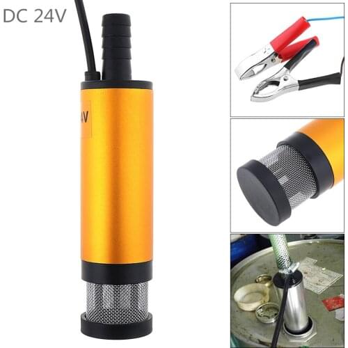 DC 24V 38MM Gold Portable Aluminum Alloy Car Electric Submersible Pump Fuel Water Oil Barrel Pump with 2 Alligator Clips for Car
