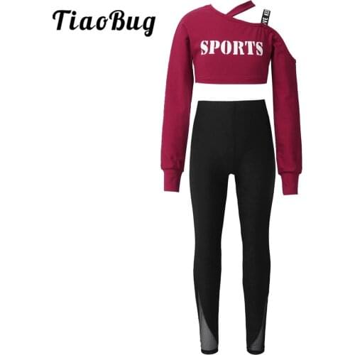 Kids Girls Sports Dance Set Asymmetric Shoulder Single Straps Crop Tops with Leggings Pants For Workout Gymnastics Hip-Hop
