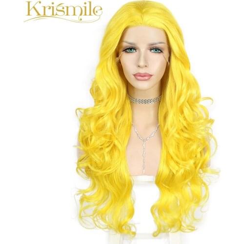 Long Synthetic Lace Front Wigs Yellow Color Deep Curl Hair for Women Party Cosplay Drag Queen Daily High Temperature Make Up