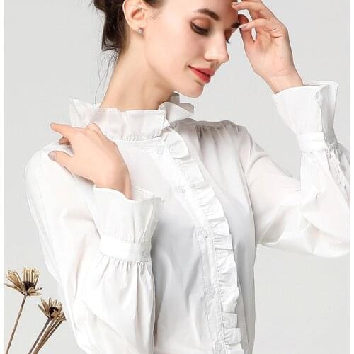 Elegant Ruffle Women White Blouse Cotton Top Stand Collar Petal Long Sleeve Fashion Spring Summer Female Casual Work wear Shirts