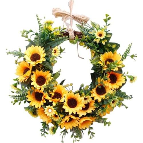 Artificial Sunflower Wreath, Summer Wreath with Yellow Sunflower and Green Leaves Front Door Wreaths for All Seasons