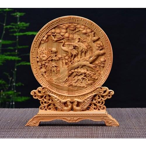 Wood carving crane and pine, wood crafts gift Home desktop decoration office ornaments (A1038)