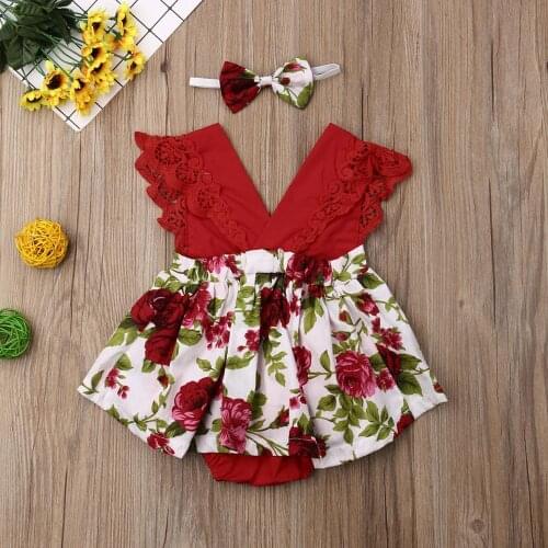 Newborn Baby Girl Summer Clothes Lace Fly Sleeve Bodysuit Flower Print Skirt Jumpsuit+Headband 2Pcs Outfits Set