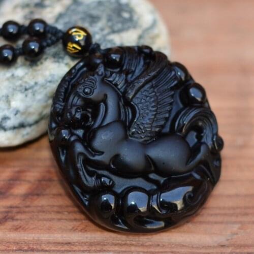 Natural Black Obsidian Pendant Carved Flying Horse Zodiac Horses Pendant Necklace Lucky Amulet Gift for Men Jewelry
