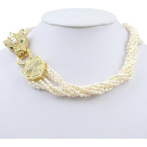 Natural 8 Strands Freshwater White Pearl 2-3mm Necklace Cz Pave Leopard Head Clasp 16.5in Statement Crystal Choker Jewelry Gift