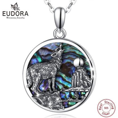 Eudora 925 Sterling Silver Abalone Shell Wolf Pendant Necklace Mother Oyster Leader Blue Colorful fine Necklace Jewelry mbd023