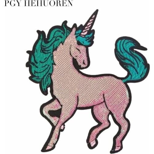 PGY 1PCS Unicorn Sequins Patch for Clothing Iron on Transfer Patch Applique for clothes DIY Sew on Embroidery Badge Patches H