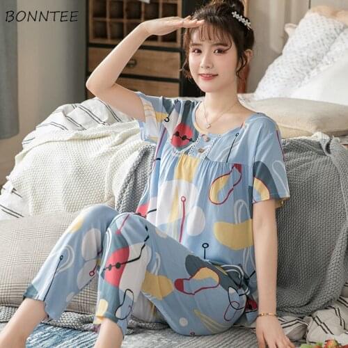 Pajama Sets Women Oversize 2XL Sweet Printed Summer Ulzzang Soft Ladies Pajamas Simple Short Sleeve Lovely Womens Sleepwear Chic