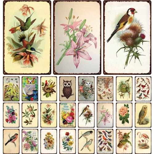 Bird Flower Sign Plaque Metal Poster Vintage Poster Wall Art Retro Bar Cafe Shop Art Home Decor Cuadros