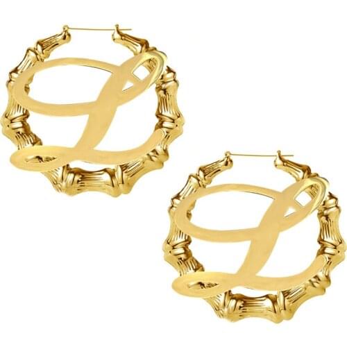 Personalized Bamboo Hoop Earrings Custom Initial Letter Name Plate Gold Stainless Steel Women Fashion Jewelry Earrings Sets