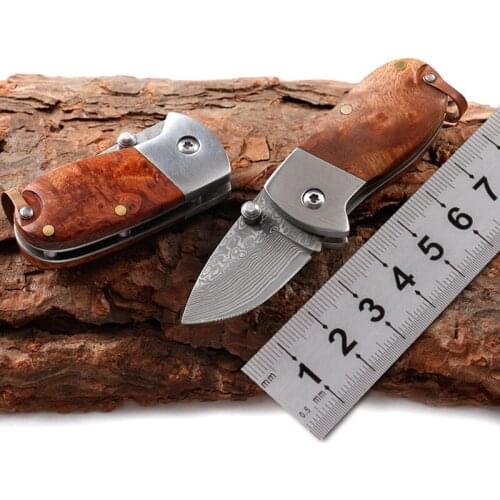 Mini Damascus Steel Pattern Folding Knife Noble Red Shadow Wooden Handle Keychain Pocket Knife Portable Outdoor Survival Tools