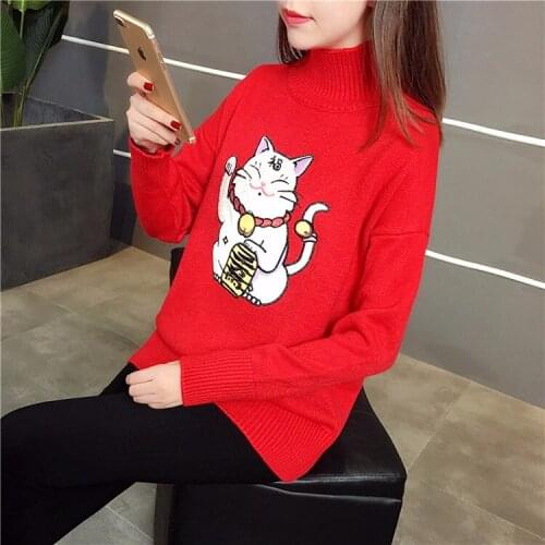 Turtleneck Sweater New 2021 Cartoon Print Winter Autumn Embroidery Knit Loose Pullover Female Sweaters Vestidos LXJ659