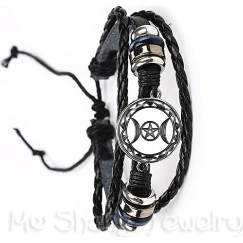 Triple Moon Goddess Bracelet Pentagram Witch Jewelry 20mm Glass Dome Wiccan Black/Brown Leather Bangle Charm Wicca Jewellery