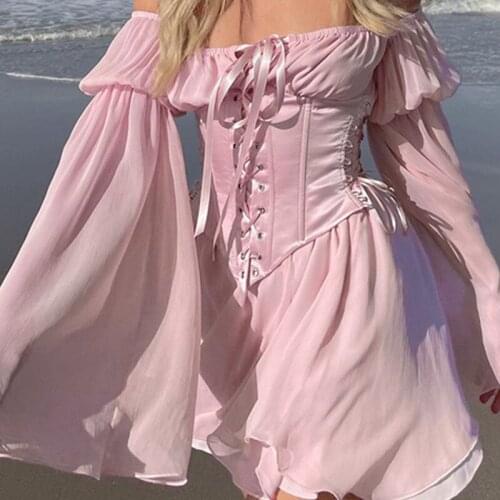 2021 Beach Style Vintage Chiffon Dress With Corset Bandage Hollow Out Bustier Prairie Flare Sleeve Dresses 2 Pieces Set