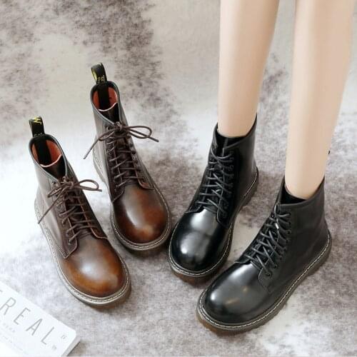 QPFJQD High Quality Women Genuine Split Leather Martin Boots Non-Slip Motorcycle Ankle Booties Lace-Up Vintage Botas Feminina