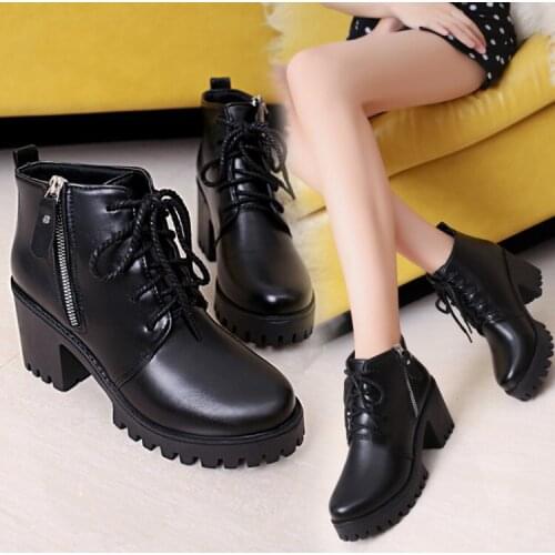 2020 new hot high-heeled thick-soled college style womens singles shoes round toe thick with solid color lace-up womens shoes