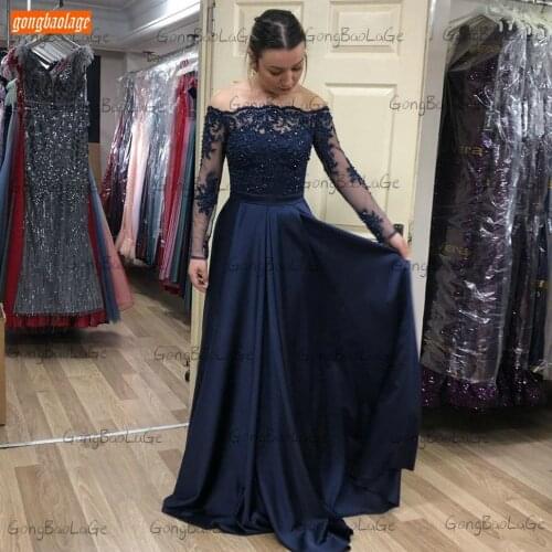 Sexy Dark Navy 2020 Evening Dress For Women Abiti Da Sera Lace SatinA Line Formal Party Dresses Custom Made Sukienka Wieczorowa