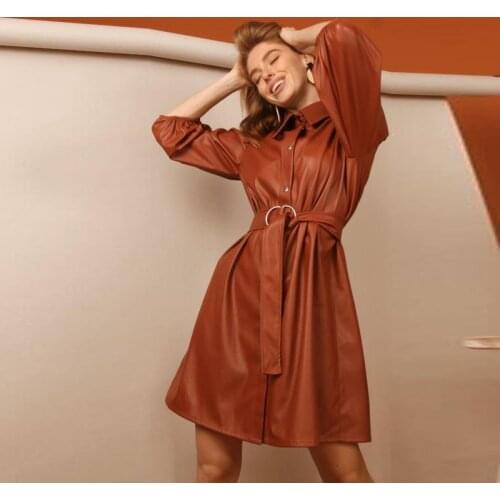 Women Vintage Mini A Line Dress Turn Down Collar Single Button 3/4 Lantern Sleeve Sashes Casual PU Dress 2021 Spring Women Dress
