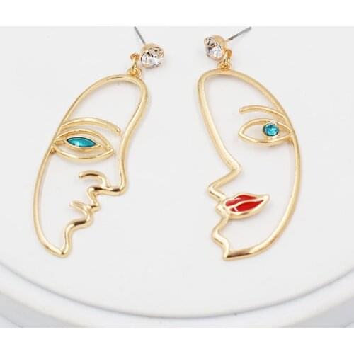 Gold Color Picasso Metal Rhinestone Face Drop Earrings Hot Sale Trendy Hyperbole Drop Earrings For Women Party Wedding Jewelry