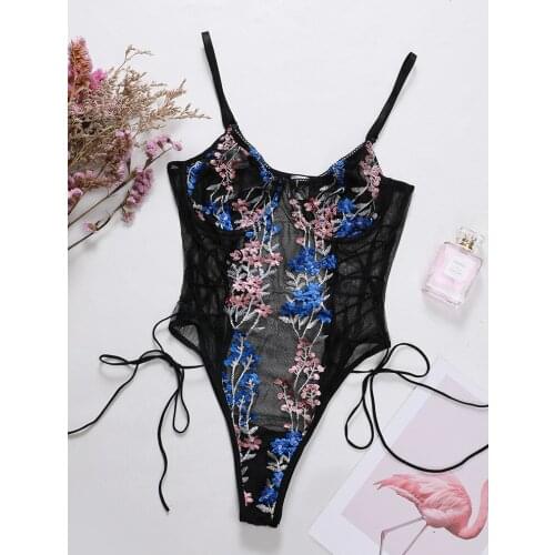 2020 Floral Embroidery Bodysuit Sexy Women Lace Up Transparent Skinny Jumpsuit Overalls Lady Teddies Push Up Bodysuit Black New
